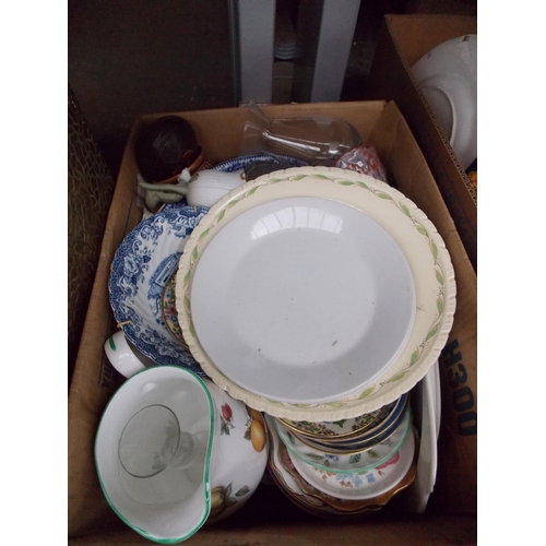 154 - FOUR BOXES CONTAINING MIXED CHINA, GLASSWARE, BRASS COAL BOX, ORNAMENTS ETC