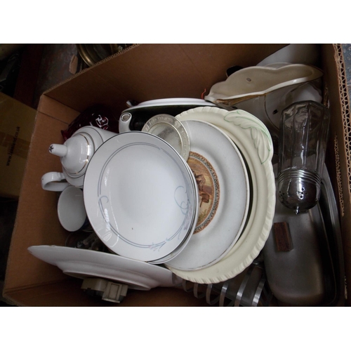 154 - FOUR BOXES CONTAINING MIXED CHINA, GLASSWARE, BRASS COAL BOX, ORNAMENTS ETC