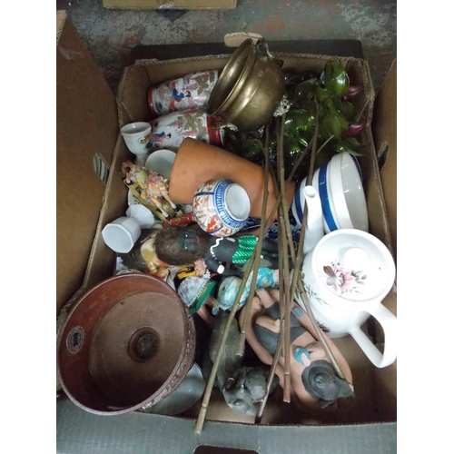 154 - FOUR BOXES CONTAINING MIXED CHINA, GLASSWARE, BRASS COAL BOX, ORNAMENTS ETC