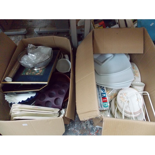 155 - SIX BOXES CONTAINING ELECTRICAL ITEMS, KITCHENALIA, MIXED CHINA, BOARD GAMES, MUSIC SHEETS ETC