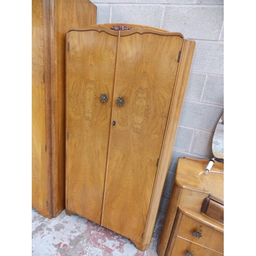 295 - A BURR WALNUT BEDROOM SUITE COMPRISING OF A DOUBLE WARDROBE, A SMALLER DOUBLE WARDROBE AND A DRESSIN... 