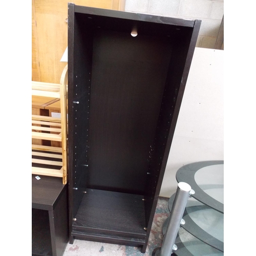 308 - FIVE ITEMS TO INCLUDE A BLACK GLASS TV STAND, MAGAZINE RACK, BLACK ASH TV STAND, BLACK ASH SHELVING ... 