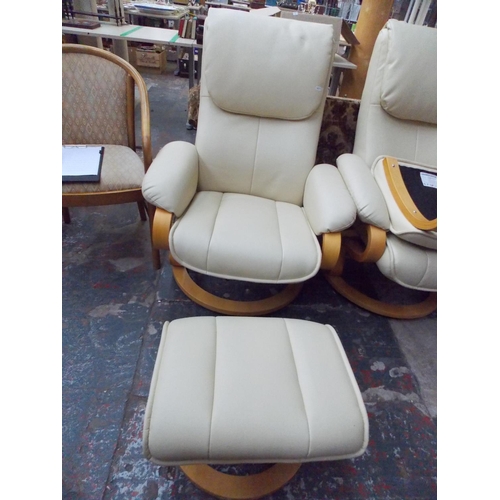 376 - A MORRIS FURNITURE GROUP RELAXATEEZE CREAM LEATHERETTE SWIVEL CHAIR AND MATCHING FOOTSTOOL