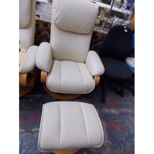 377 - A MORRIS FURNITURE GROUP RELAXATEEZE CREAM LEATHERETTE SWIVEL CHAIR AND MATCHING FOOTSTOOL