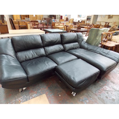 380 - A GOOD QUALITY BLACK LEATHER CORNER SOFA ON CHROME SUPPORTS WITH MATCHING FOOTSTOOL