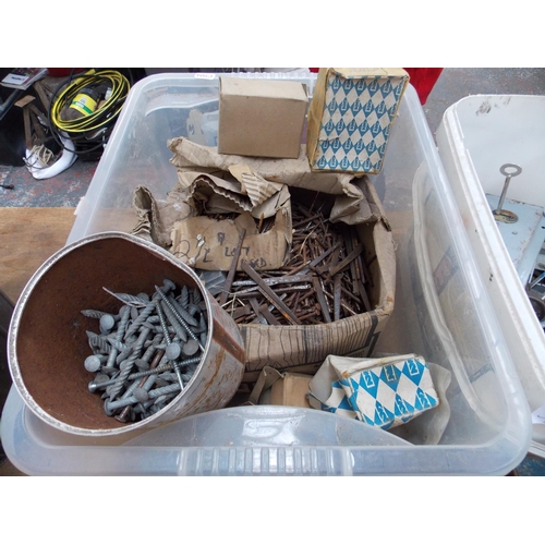 56 - TWO PLASTIC BOXES AND A METAL TOOL BOX CONTAINING DOOR FURNITURE, NAILS, VARIOUS TOOLS ETC