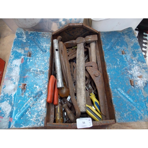 56 - TWO PLASTIC BOXES AND A METAL TOOL BOX CONTAINING DOOR FURNITURE, NAILS, VARIOUS TOOLS ETC