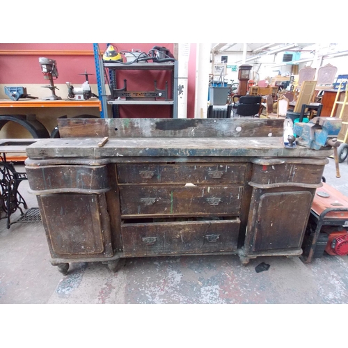 72 - A VINTAGE WOODEN WORKSHOP CABINET WITH FOUR DRAWERS, TWO DOORS, MOUNTED NUMBER 3 4