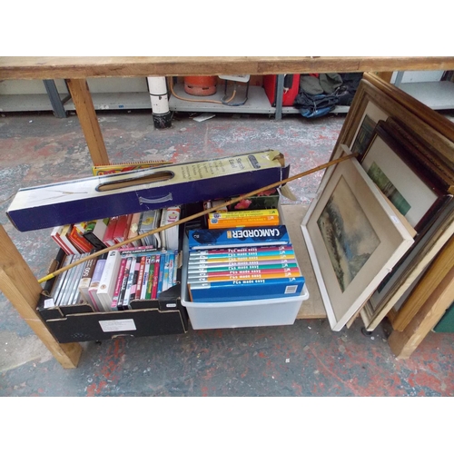 73 - A MIXED LOT TO INCLUDE BOOKS, MAPS, PICTURES, ARTIST EASEL ETC