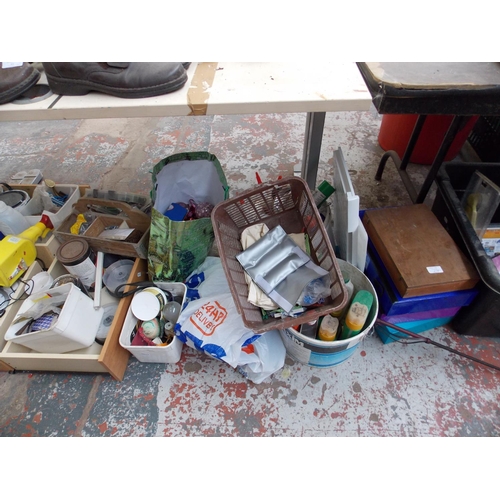 74 - A LARGE MIXED LOT OF BOXES CONTAINING CAR AXLE STANDS, DECORATING ITEMS, ELECTRICAL WIRING, TOOLS ET... 