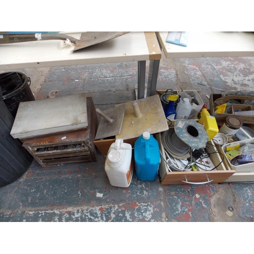 74 - A LARGE MIXED LOT OF BOXES CONTAINING CAR AXLE STANDS, DECORATING ITEMS, ELECTRICAL WIRING, TOOLS ET... 