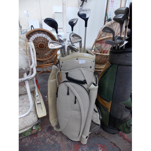 9 - TWO GOLF BAGS TO INCLUDE AN ACER AND A MEMPHIS CONTAINING REGENCY, HIPPO AND TECHMAX GOLF CLUBS