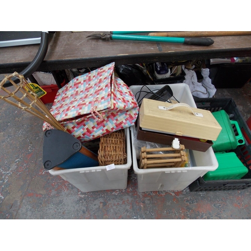 90 - FOUR MIXED BOXES CONTAINING PETROL CANS, WATERING CANS, FISHING TACKLE CASE ETC