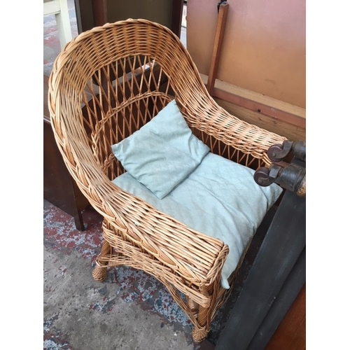 365 - THREE ITEMS TO INCLUDE A TEAK DRESSING TABLE, WICKER CHAIR AND AN OAK DRESSING TABLE