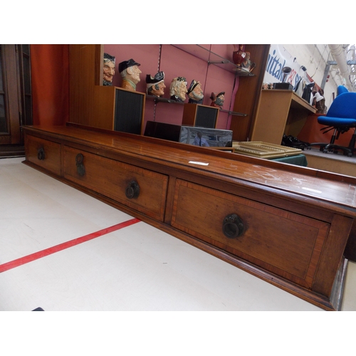 160 - AN OAK WALL MOUNTABLE DISPLAY CABINET AND A MAHOGANY THREE DRAWER DRESSER TOP