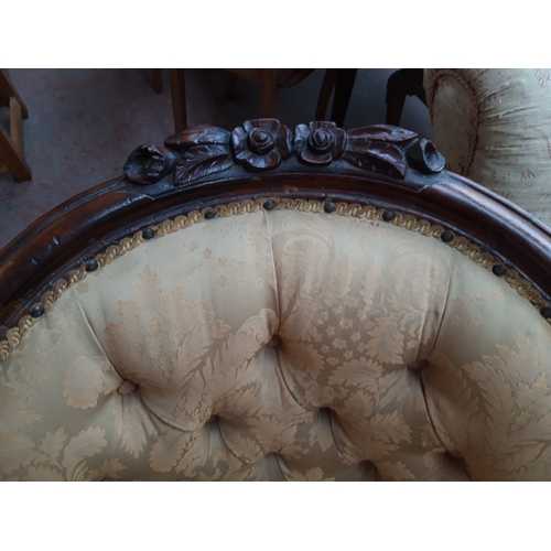 1228 - A VICTORIAN MAHOGANY FRAMED CHAISE LONGUE WITH CREAM FLORAL UPHOLSTERY, CARVED BALL AND CLAW FEET AN... 