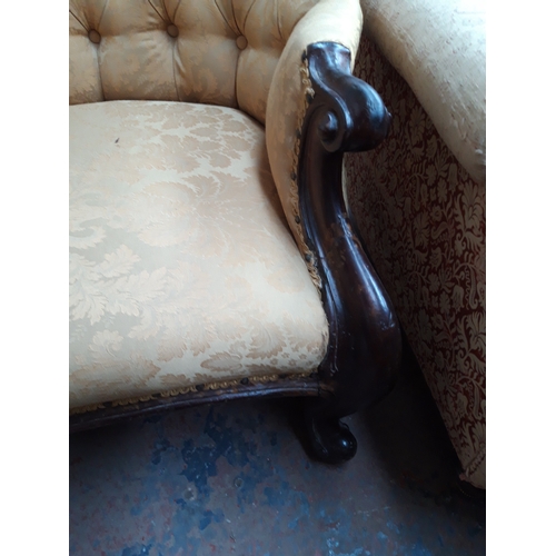 1228 - A VICTORIAN MAHOGANY FRAMED CHAISE LONGUE WITH CREAM FLORAL UPHOLSTERY, CARVED BALL AND CLAW FEET AN... 