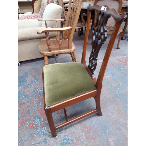 1232 - A LATE VICTORIAN MAHOGANY DINING CHAIR WITH CARVED FRETWORK BACK AND GREEN VELVET UPHOLSTERED SEAT