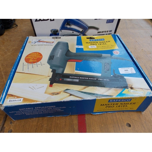 101 - TWO BOXED ELECTRIC POWER TOOLS TO INCLUDE AN XU1 500W PLANER AND A RAPESCO NAIL GUN (BOTH W/O)