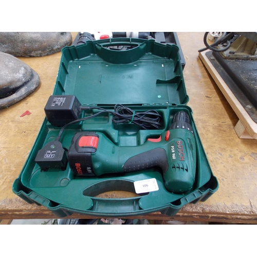 106 - TWO CASED CORDLESS DRILLS TO INCLUDE A BOSCH  PSR 960 AND A R-POWER KCD20 (BOTH W/O)