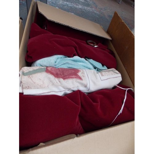 213 - THREE BOXES CONTAINING CURTAINS, GAMES, MIXED CHINA, GLASSWARE, ICE BOX ETC