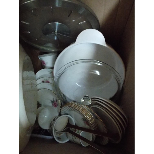 215 - FIVE BOXES CONTAINING MIXED GLASSWARE, CHINA, WICKER BASKET, CANDLE HOLDER ETC