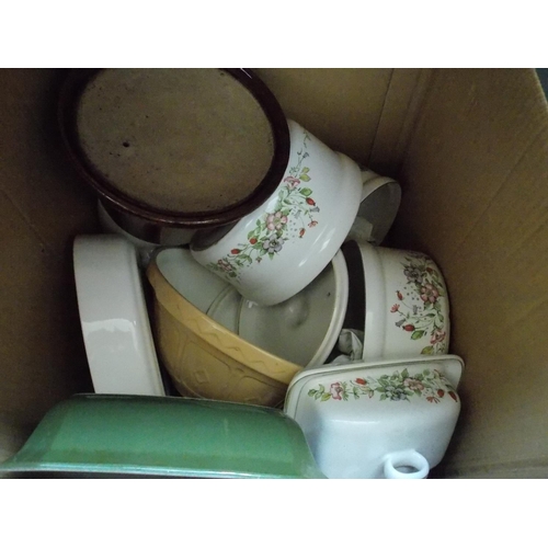 216 - THREE BOXES CONTAINING KITCHENALIA, CANDLE HOLDER, CHINA ETC