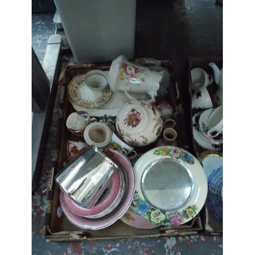 217 - SEVEN BOXES CONTAINING MIXED CHINA, GLASSWARE, TYPEWRITER, MEAT PLATES, SILVER PLATED WARE, TABLE CL... 