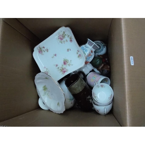 218 - THREE BOXES CONTAINING MIXED CHINA, PICTURES, LAMPS, VASES, GLASSWARE, TYPEWRITER ETC