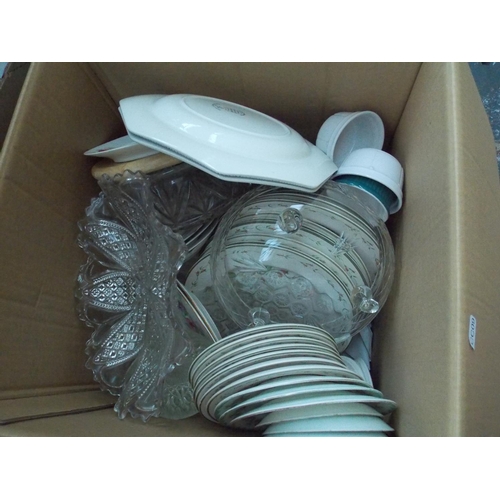 218 - THREE BOXES CONTAINING MIXED CHINA, PICTURES, LAMPS, VASES, GLASSWARE, TYPEWRITER ETC