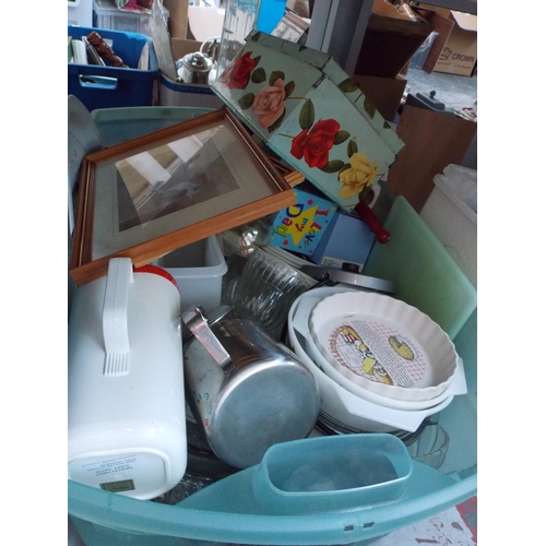 219 - FIVE BOXES CONTAINING KITCHENALIA, CUTLERY, CHINA, GLASSWARE ETC