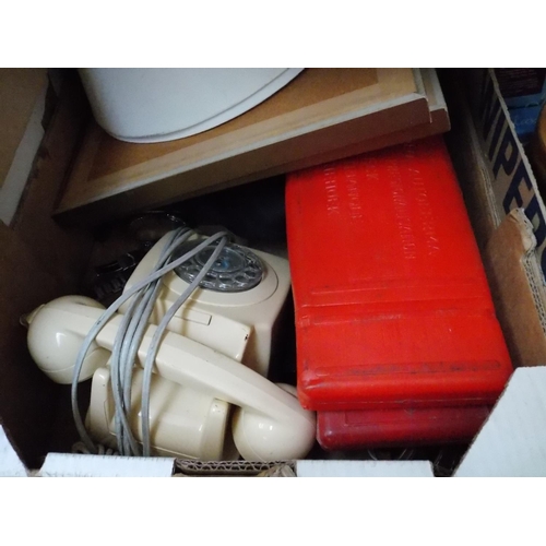 222 - FOUR BOXES CONTAINING LAMPS, CUTLERY, WATCHES, TELEPHONES, LINEN, BOXED PROJECTOR SCREEN ETC