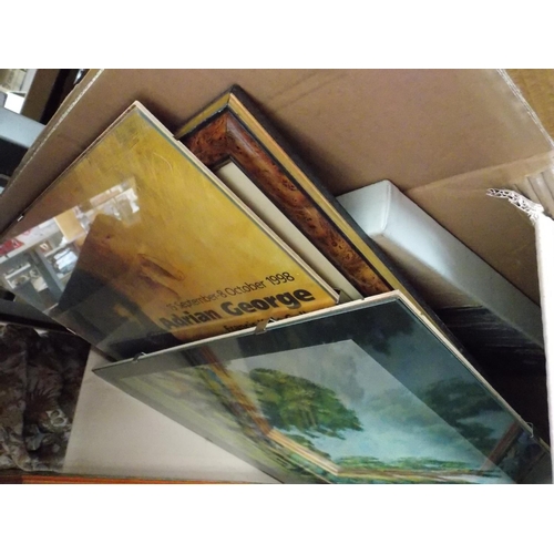 227 - FIVE BOXES CONTAINING PICTURES, GLASSWARE, CHINA, BOOKS ETC