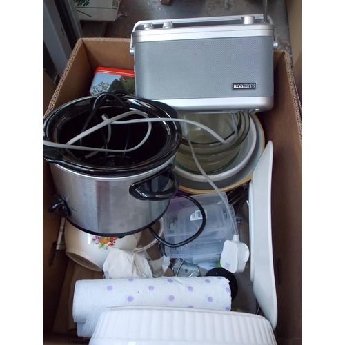 229 - FOUR BOXES CONTAINING MIXED CHINA, ELECTRICAL ITEMS, GLASSWARE, RADIO, ORNAMENTS ETC