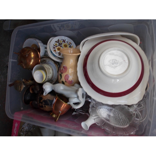 232 - FIVE BOXES CONTAINING GLASSWARE, BOOKS, CHINA, PICTURES, ORNAMENTS, CUTLERY BOX ETC