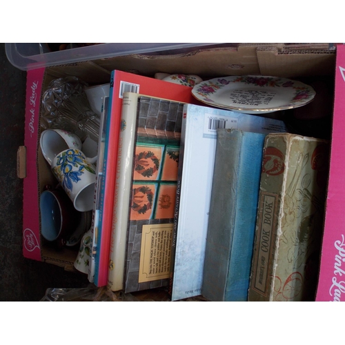 232 - FIVE BOXES CONTAINING GLASSWARE, BOOKS, CHINA, PICTURES, ORNAMENTS, CUTLERY BOX ETC