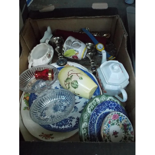 232 - FIVE BOXES CONTAINING GLASSWARE, BOOKS, CHINA, PICTURES, ORNAMENTS, CUTLERY BOX ETC