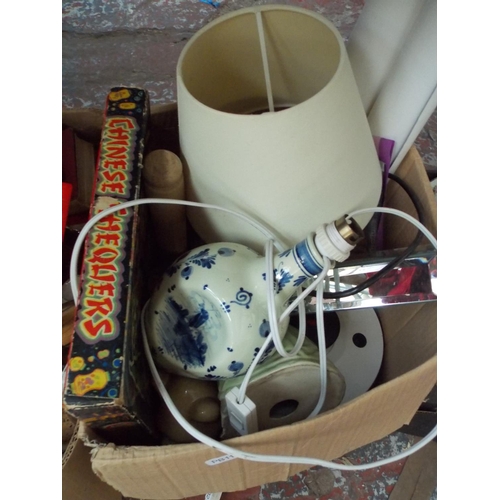 233 - SIX BOXES CONTAINING MIXED CHINA, GAMES, BOOKS, GLASSWARE, ORNAMENTS, LAMPS ETC