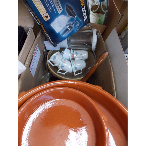 235 - TWO BOXES CONTAINING LAMPS, COPPER KETTLE, TENNIS RACKET, KITCHENALIA, CUSHION ETC