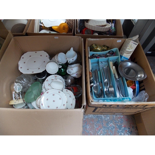 237 - SEVEN BOXES CONTAINING GLASSWARE, CHINA, CUTLERY, KITCHENALIA, RADIO ETC