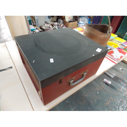 244 - A COPPER COAL SCUTTLE AND A VINTAGE RECORD PLAYER