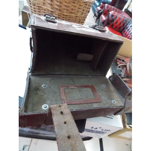 272 - A WICKER TROLLEY CONTAINING A VINTAGE LEATHER BOX ETC