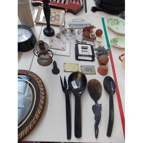 332 - A COLLECTION OF MIXED ITEMS TO INCLUDE GLASS STORAGE JARS, PRESSURE GAUGE, PICTURES, HORN SPOONS, CA... 