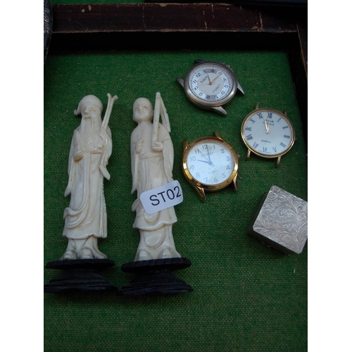 362 - A COLLECTION OF WATCHES AND MINIATURE IVORINE FIGURES