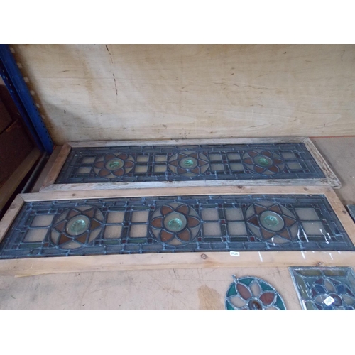 44 - FIVE ITEMS TO INCLUDE LEADED STAINED GLASS WINDOWS, FRAMES, SMALL CAST IRON SQUARE WINDOW ETC