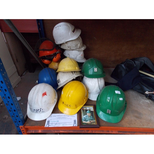 52 - SIXTEEN HARDHATS FROM THE FRED DIBNAH HERITAGE CENTRE WITH CERTIFICATE AND FRAMED PICTURE