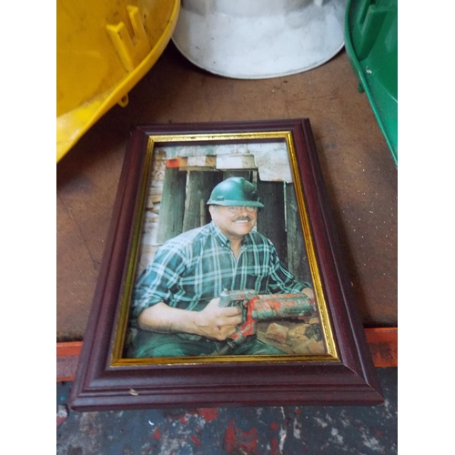 52 - SIXTEEN HARDHATS FROM THE FRED DIBNAH HERITAGE CENTRE WITH CERTIFICATE AND FRAMED PICTURE