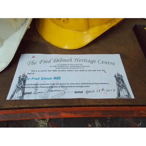 52 - SIXTEEN HARDHATS FROM THE FRED DIBNAH HERITAGE CENTRE WITH CERTIFICATE AND FRAMED PICTURE