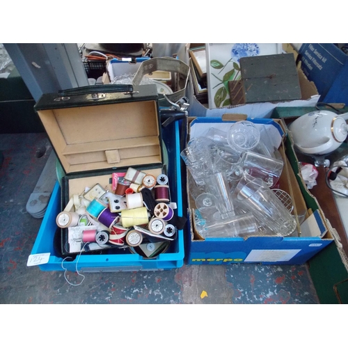 124 - THREE BOXES CONTAINING DECORATIVE PLATES, GLASSWARE, ORNAMENTS ETC