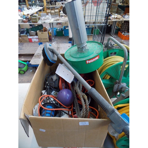 129 - THREE ITEMS TO INCLUDE TWO HOZELOCK HOSE REELS WITH HOSE, AND A BOX CONTAINING PARASENE PARAFFIN HEA... 